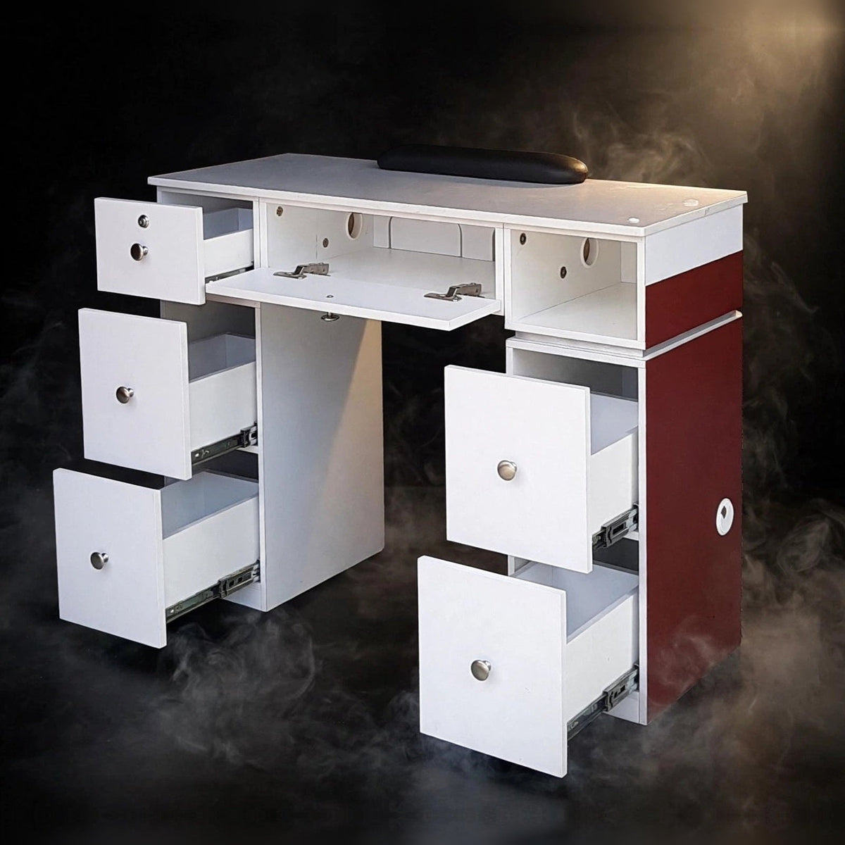 Nail Table T07 with Dual Dryer Holes - White / Burgundy